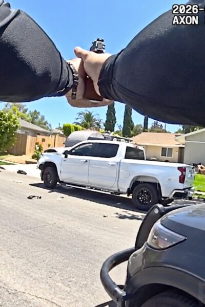 Suspect Crashes into Police Motorcycle Before Officers Open Fire